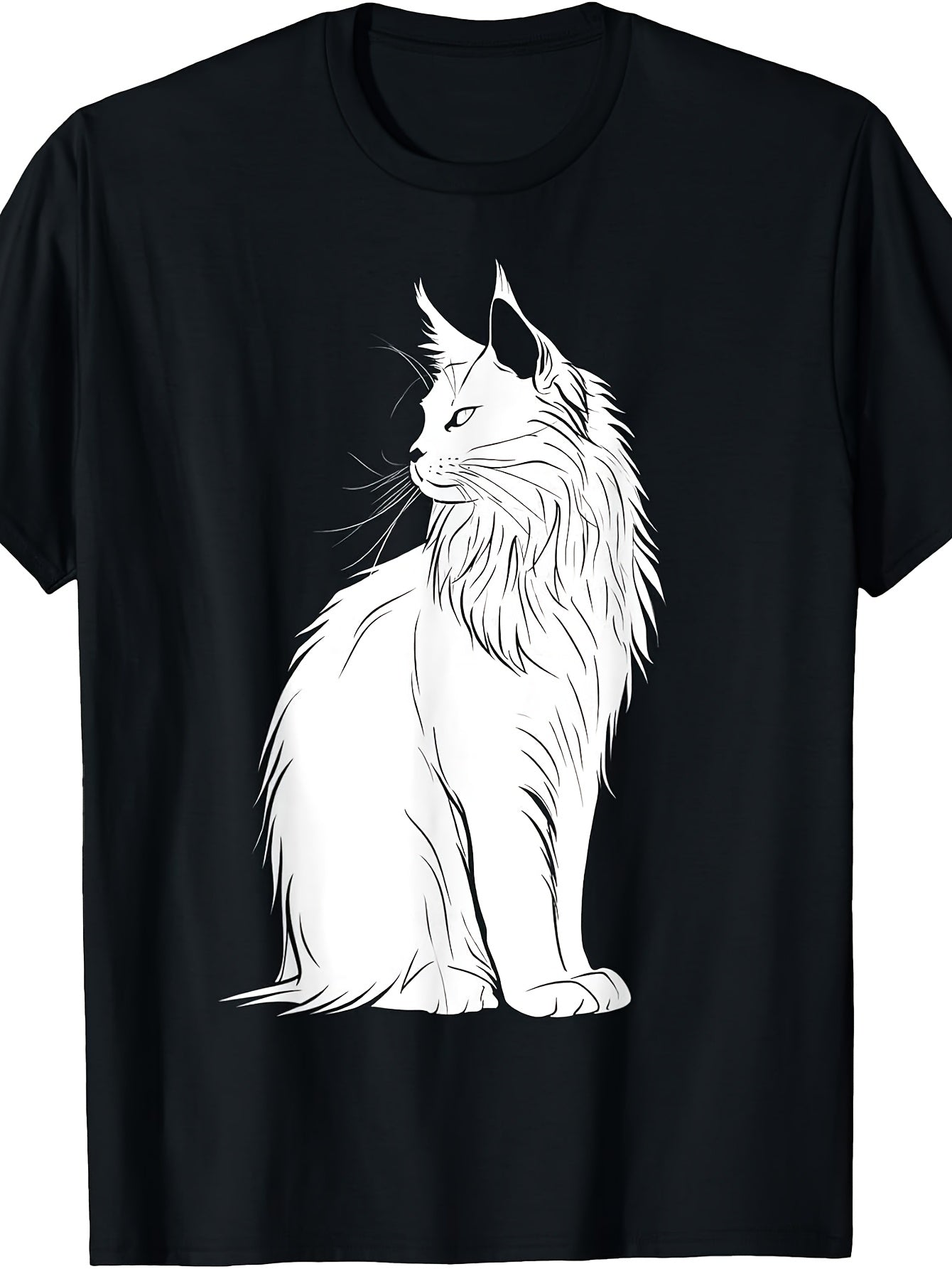 Men'S And Women'S T-Shirt, Maine Coon Cat Line Art Design, Casual Wear Summer Spring Fall