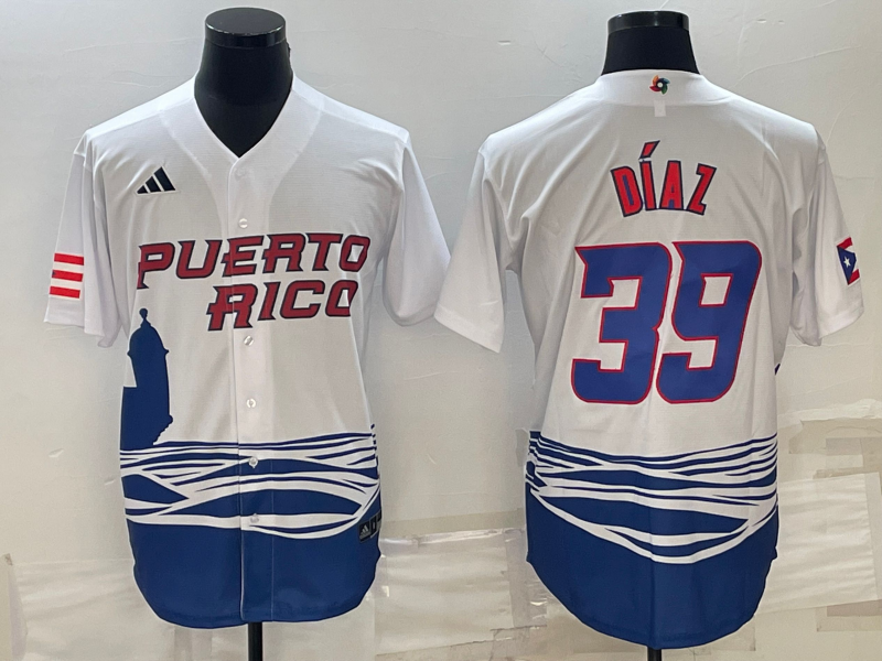 Men's 2023 World Baseball Classic #39 Edwin Diaz Puerto Rico White Jersey1