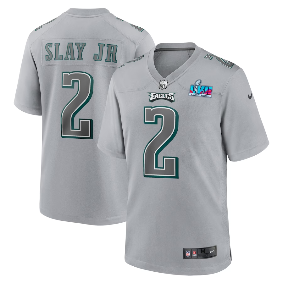 Men's Philadelphia Eagles Darius Slay Jr. #2 Gray Super Bowl LVII Patch Atmosphere Fashion Game Jersey1