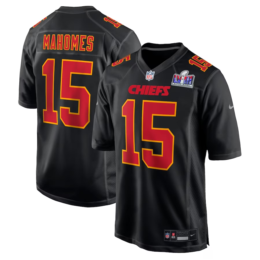Men's Kansas City Chiefs Patrick Mahomes #15 Black Super Bowl LVIII Carbon Fashion Game Player Jersey1