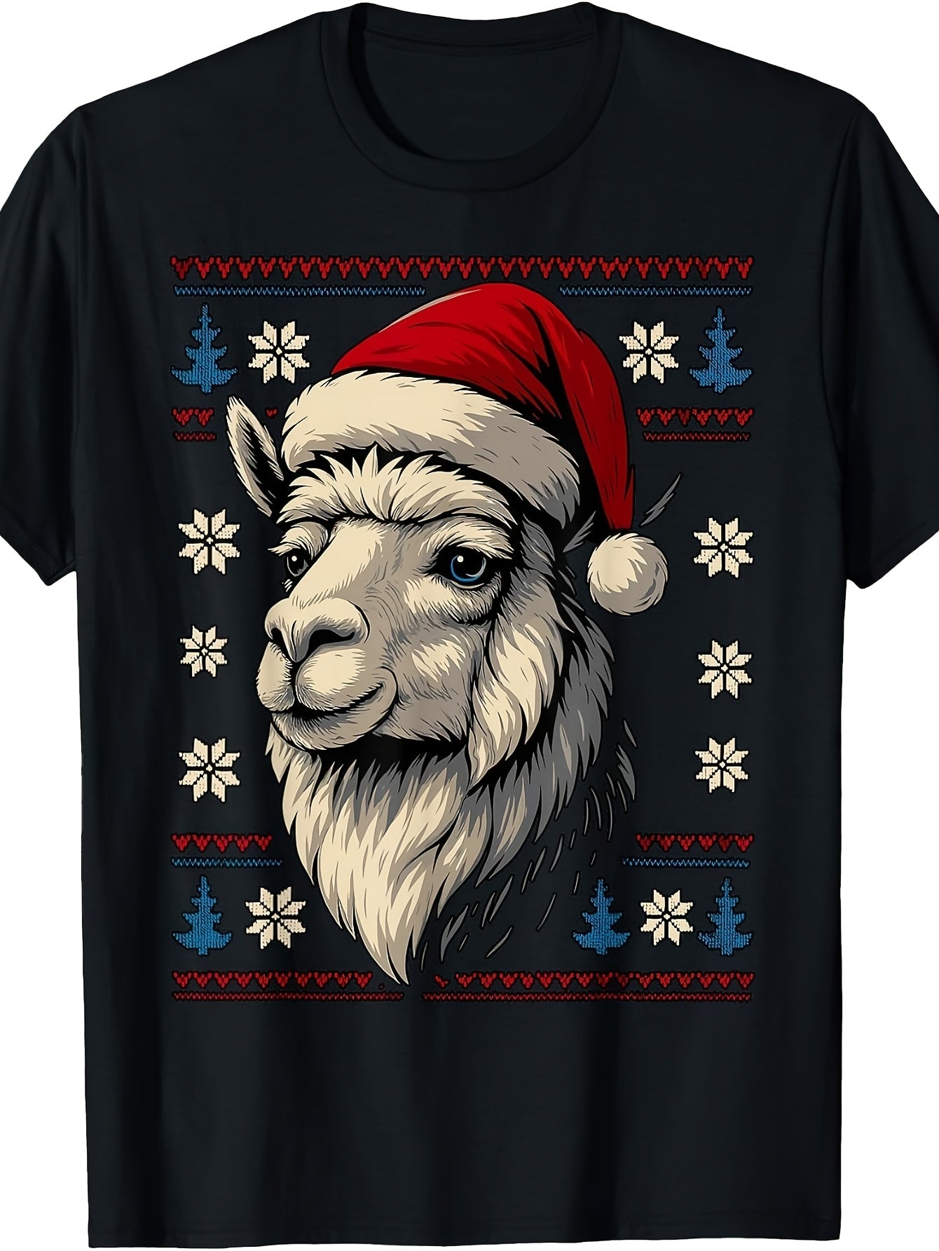 Ugly Christmas Sweater Style, Men's And Women's T-Shirt, Llama Wearing Santa Hat with Snowflakes And Trees Pattern, Winter Holiday Season