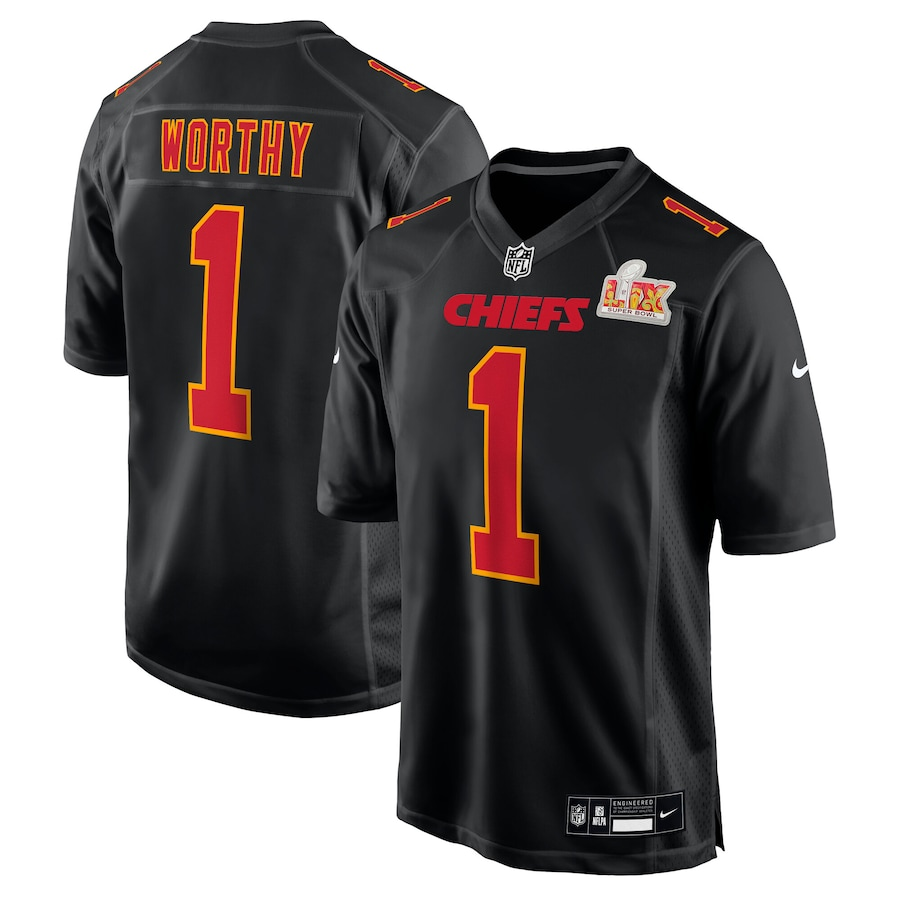 Men's Kansas City Chiefs Xavier Worthy #1 Carbon Black Super Bowl LIX Fashion Game Jersey1