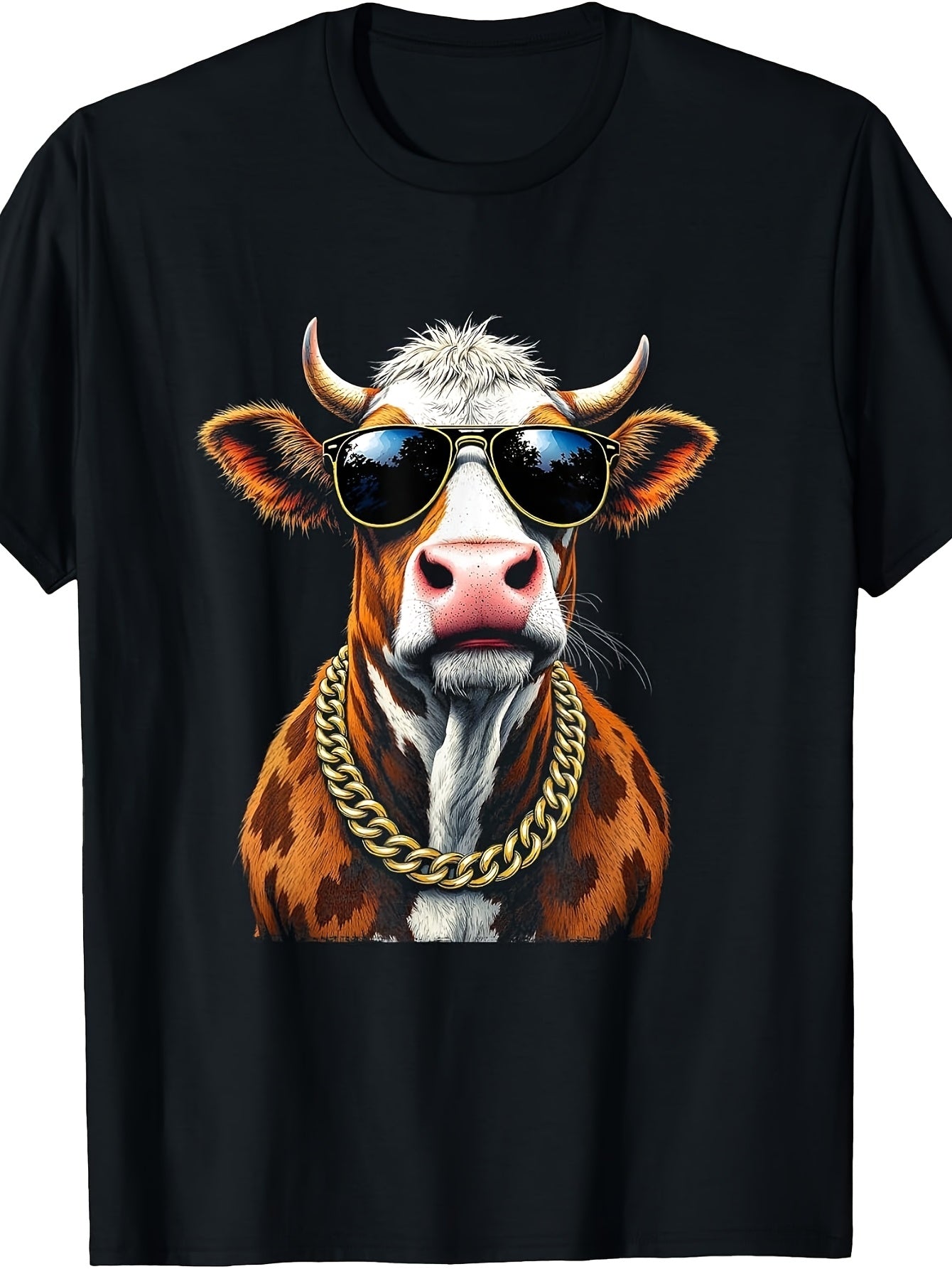 Cool Cow with Fashion Glasses And Golden Chain, Men's And Women's T-Shirt, Funny Animal Graphic Tee, Summer Casual Wear