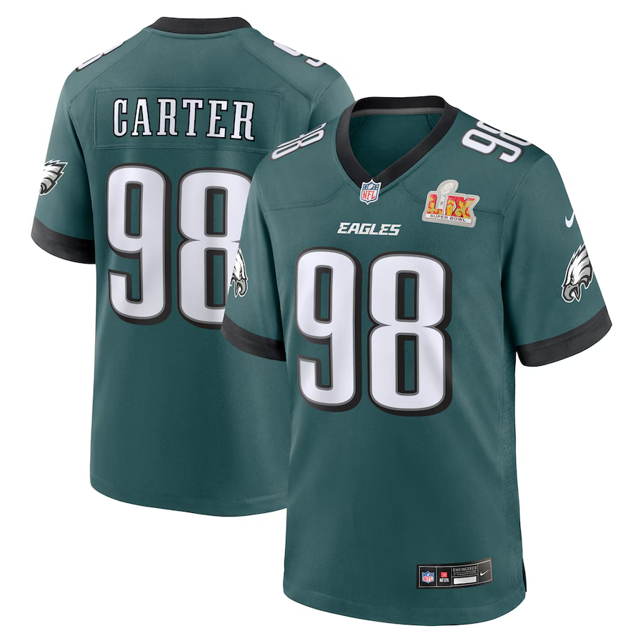 Men's Philadelphia Eagles Jalen Carter #98 Midnight Green Super Bowl LIX Game Player Jersey1