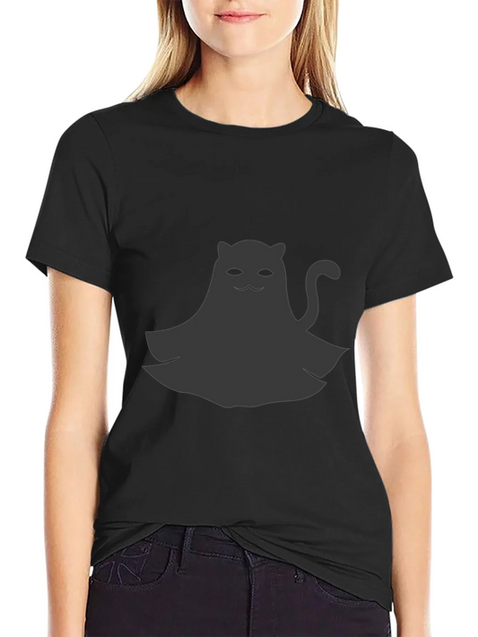 Cute Ghost Cat Graphic Tee - Black