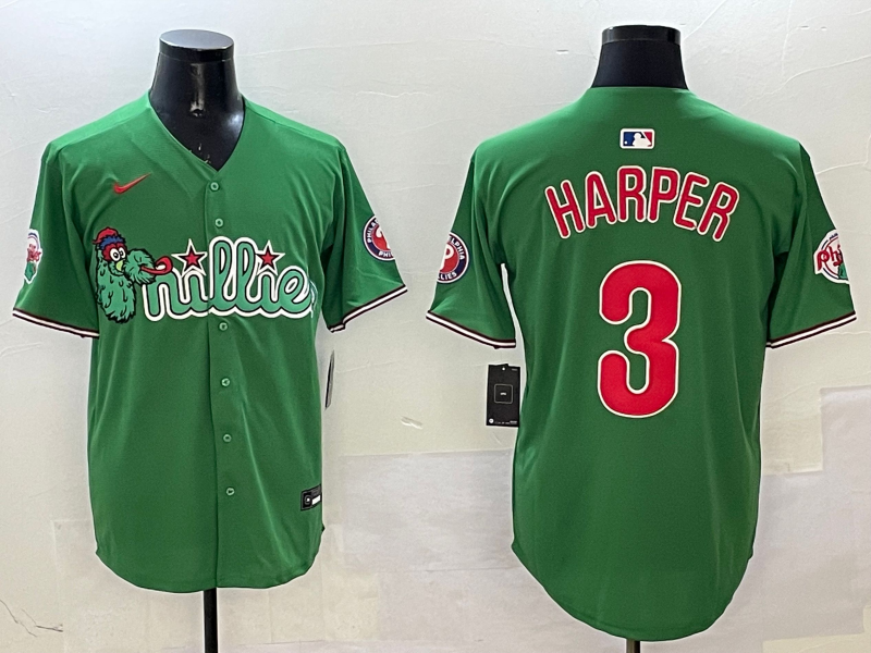 Men's Philadelphia Phillies Bryce Harper #3 Green Replica Team Jersey1