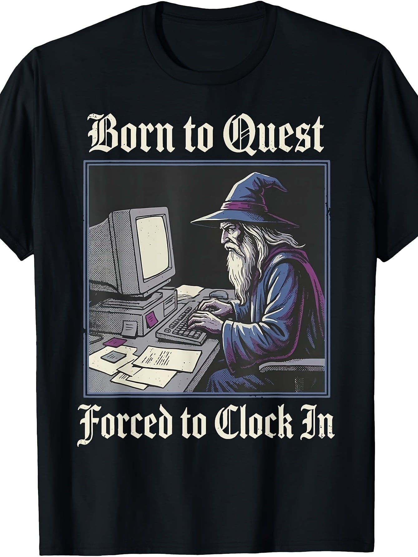 Men'S And Women'S T-Shirt, Retro Vintage Wizard at Computer Design, Born to Quest Forced to Clock in Text, Casual Daily Wear Summer Season