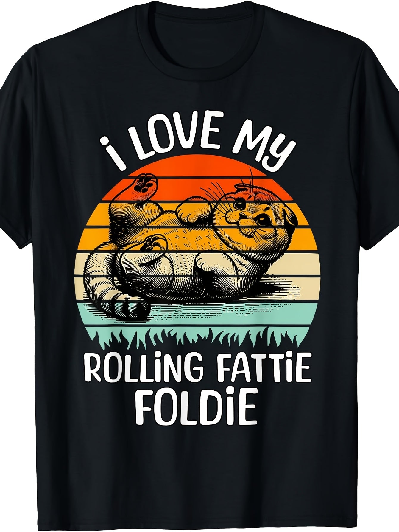 Scottish Fold T-Shirt - Retro Round Neck Tee with Scottish Fold Rolling Fattie Graphic, Suitable for - Casual Wear, Machine Washable Apparel for Lovers & Scottish Fold Owners