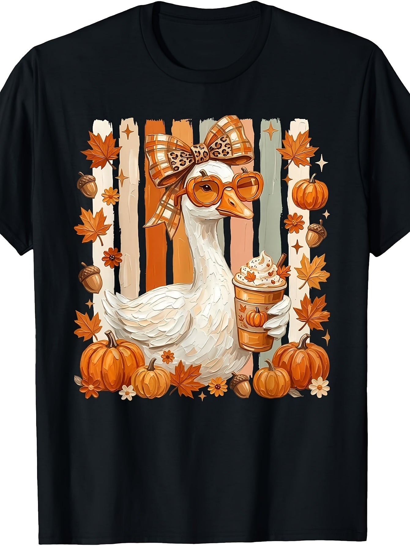 Cute Autumn Goose with Pumpkin Spice Latte And Fall Leaves, Men's And Women's T-Shirt, Funny Seasonal Bird Drinking Coffee Design, Fall Harvest Halloween Thanksgiving Party Casual Wear