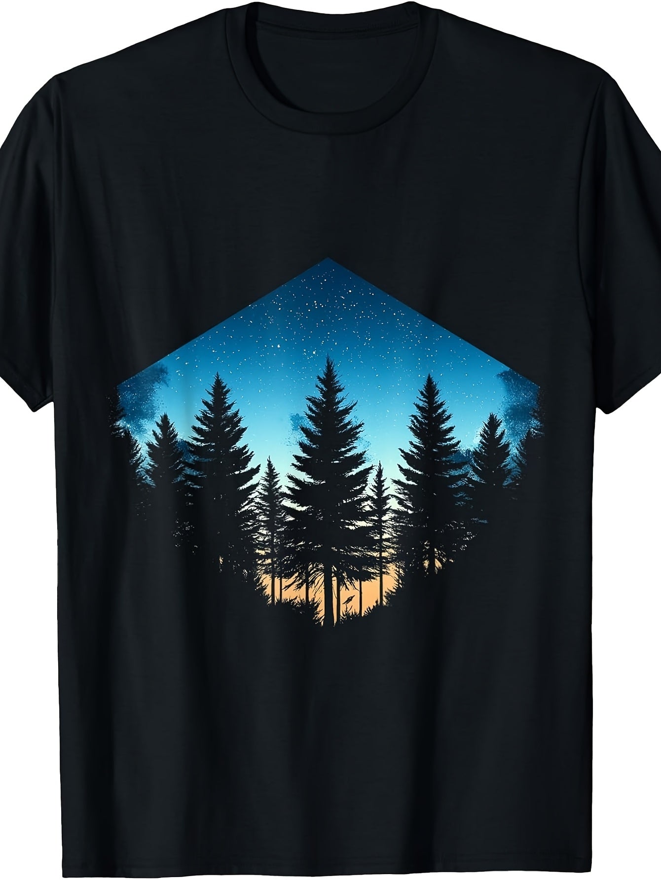 Unisex T-Shirt, Geometric Forest Starry Night Sky Silhouette Pine Trees, Outdoor Camping Hiking Summer Fall