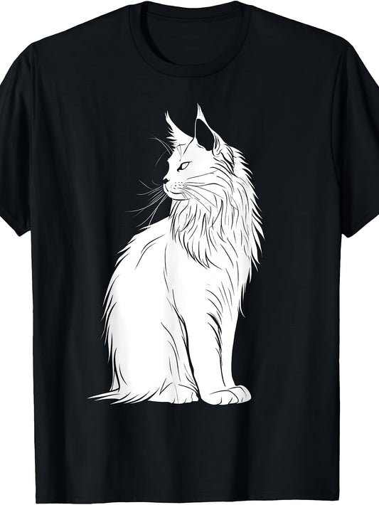 Men'S And Women'S T-Shirt, Maine Coon Cat Line Art Design, Casual Wear Summer Spring Fall