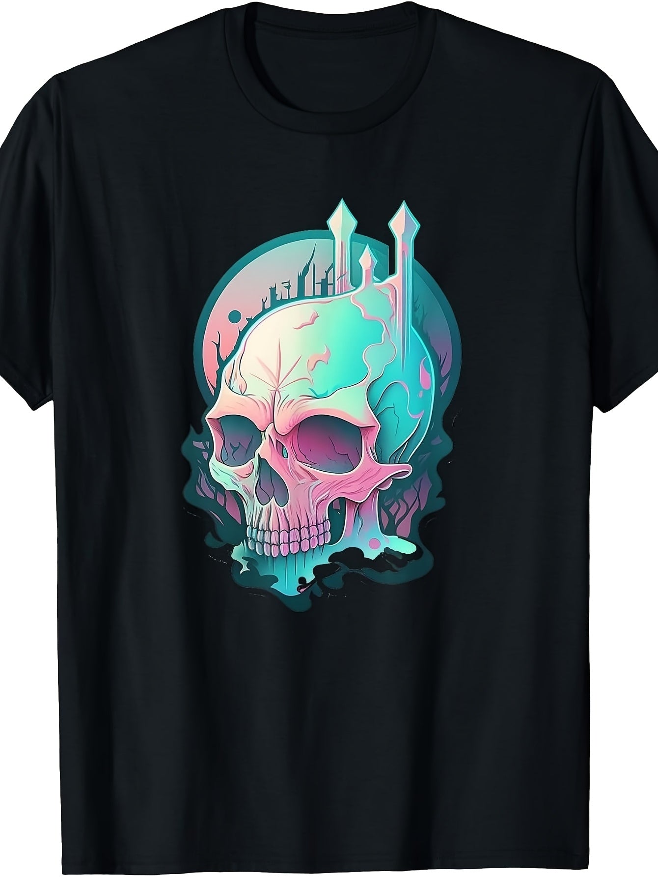 Men's And Women's T-Shirt, Retro Vaporwave Skull with Castle Silhouette Graphic, Summer Festival Streetwear Casual Daily Wear