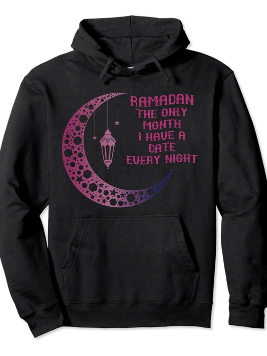 Ramadan the only Month I have a Date every Night Pullover Hoodie Ramadan Black 250gsm Cotton Long Sleeve Men Casual Hoodie