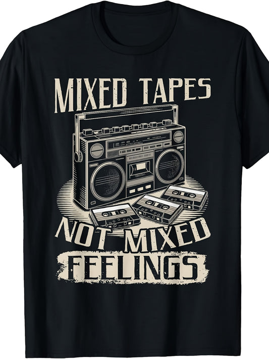 Retro Cassette Tape T-Shirt - Vintage Mixed Tapes Not Feelings Graphic Tee, Round Neck Regular Fit Suitable for - Wear, Nostalgic Gift for Music Lovers & 80/90 Retro Style
