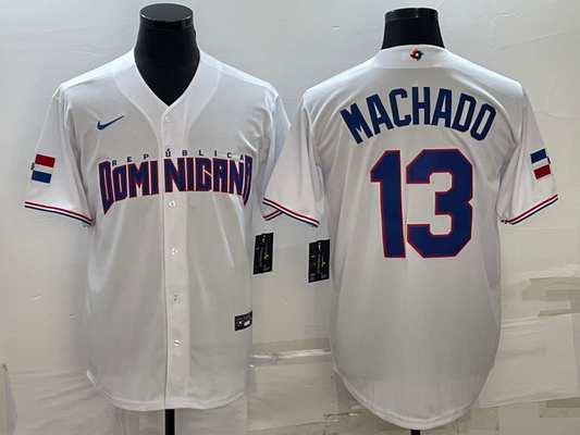 Men's 2023 World Baseball Classic #13 Manny Machado Dominican Republic White Jersey1