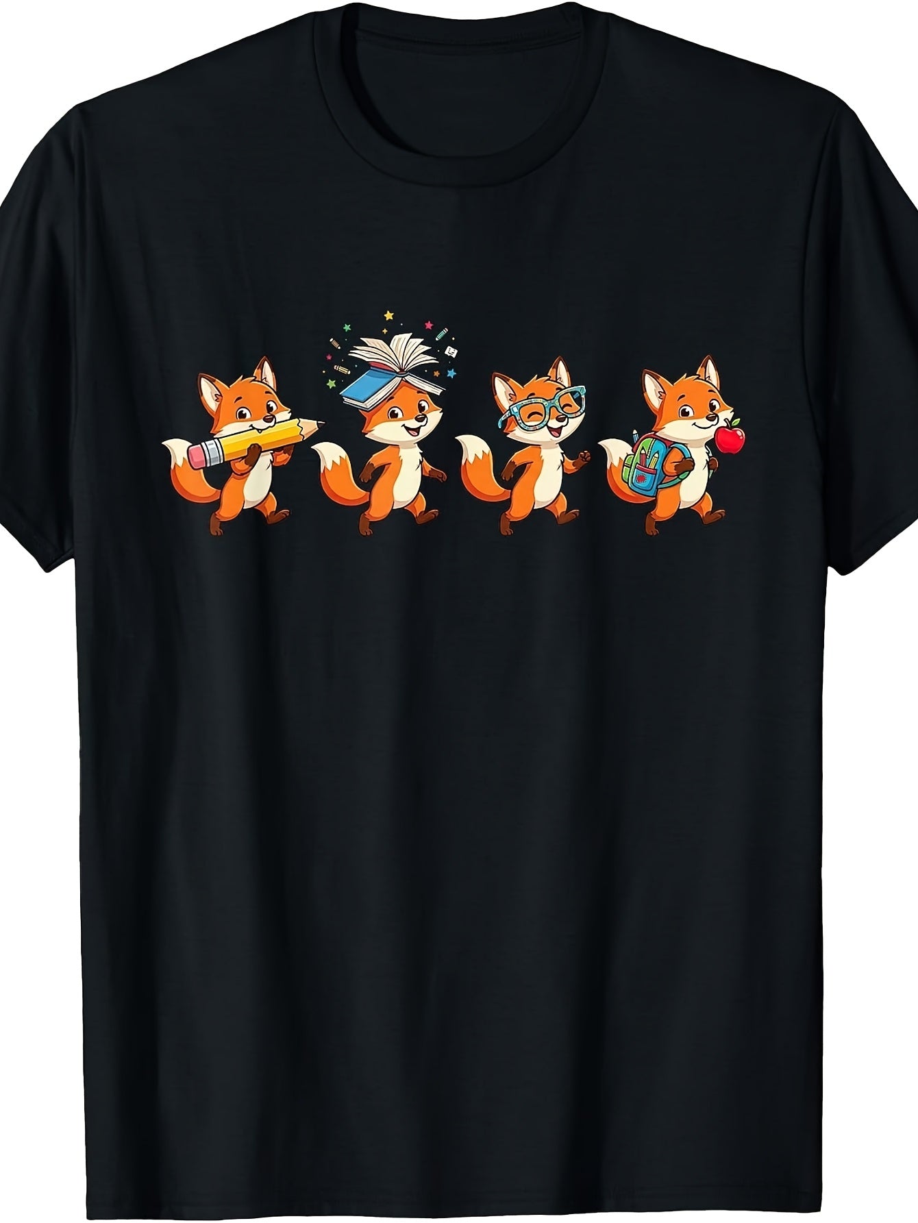 Cute Cartoon Style, Men's And Women's T-Shirt, Four Adorable Foxes with School Supplies Theme, Back to School Season