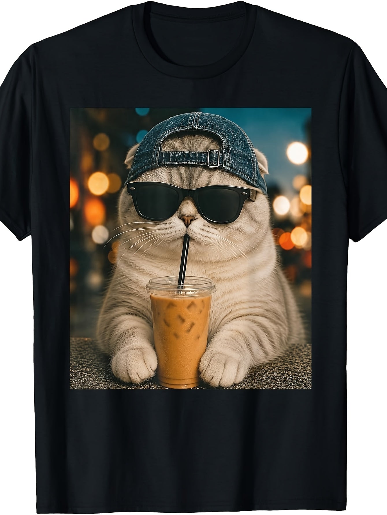 Retro Scottish Fold Cat T-Shirt - Funny Iced Coffee Drinking with Scottish Fold Cat Face, Round Neck Casual Tee Suitable for Seasons, Machine Washable Apparel for Cat Lovers & Casual Attire