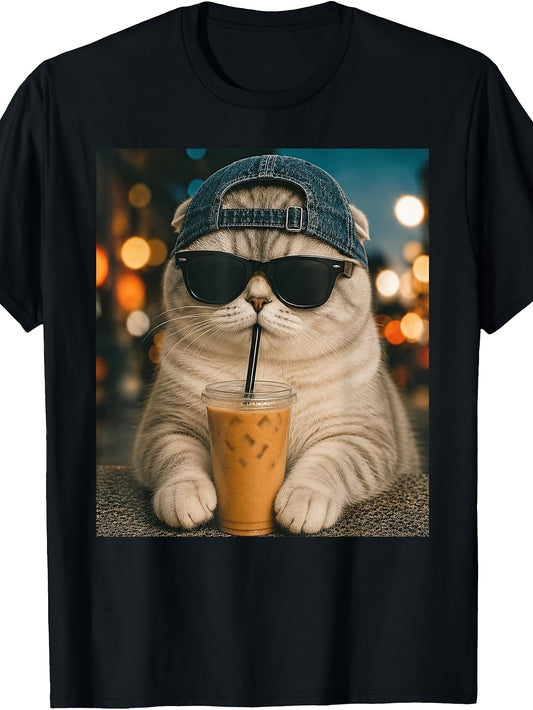 Retro Scottish Fold Cat T-Shirt - Funny Iced Coffee Drinking with Scottish Fold Cat Face, Round Neck Casual Tee Suitable for Seasons, Machine Washable Apparel for Cat Lovers & Casual Attire