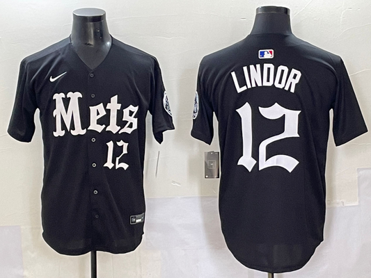 Men's New York Mets Francisco Lindor #12 Black Game Player Jersey