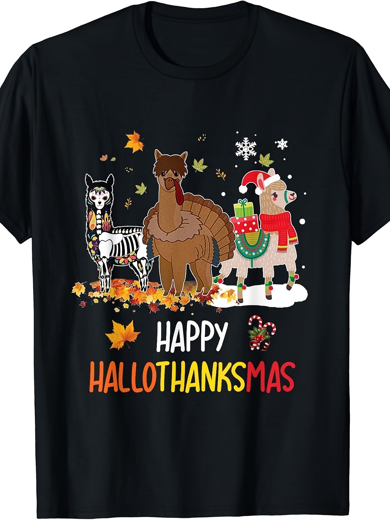 Llama Happy Hallothanksmas Halloween Thanksgiving Xmas T-Shirt