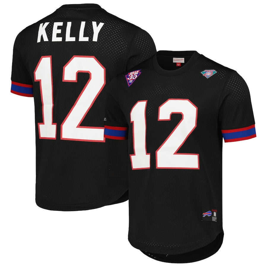 B.Bills #12 Jim Kelly Player  Black Replica Name & Number Mesh Football Jerseys