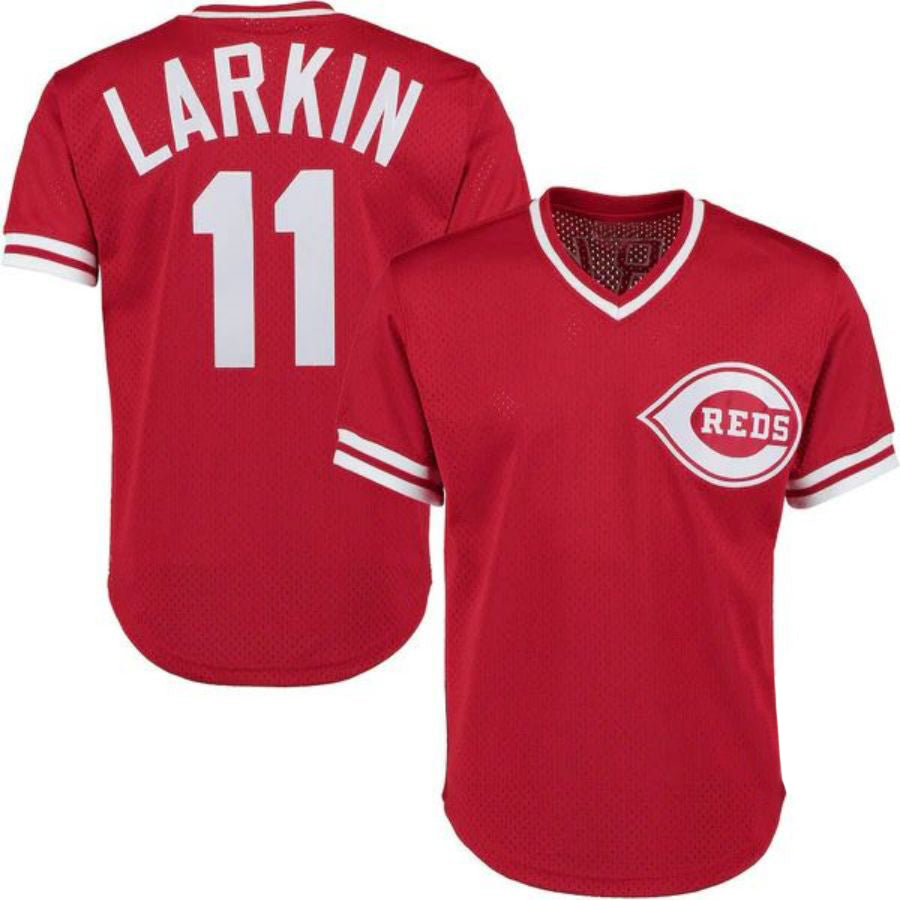 C.Reds #11 Barry Larkin Player  Red Fashion Cooperstown Collection Mesh Batting Practice Baseball Jerseys