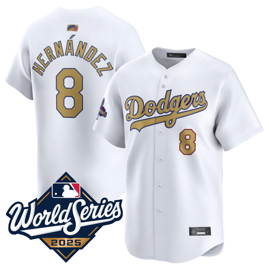 LA.Dodgers #8 Enrique Hern��������ndez Player White Gold Collection Limited World Series Baseball Jerseys