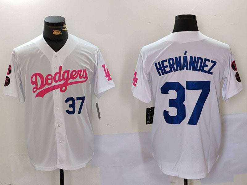 LA.Dodgers #37 Teoscar Hern��������ndez White Pink Stitched Baseball Jerseys Player Game Jersey