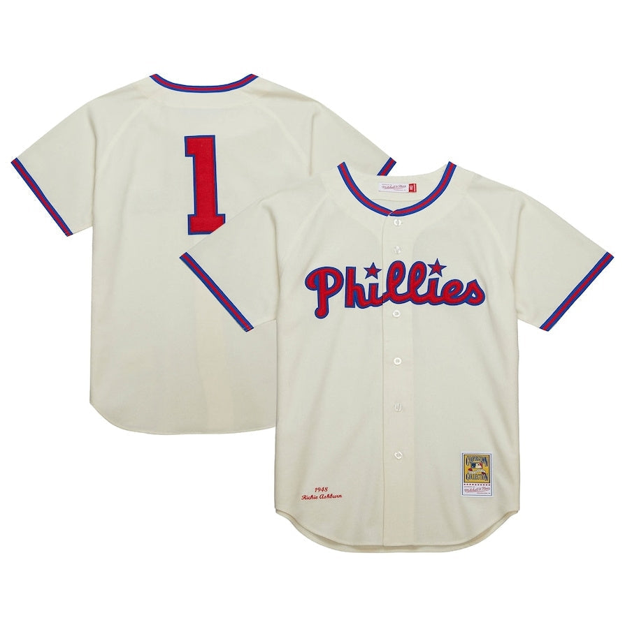 P.Phillies #1 Richie Ashburn  Cooperstown Collection 1948 Authentic Player Jersey - Cream Baseball Jerseys