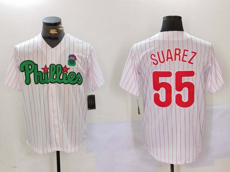 P.Phillies #55 Ranger Su��������rez White Green Player Game Jersey Cool Base Stitched Baseball Jerseys