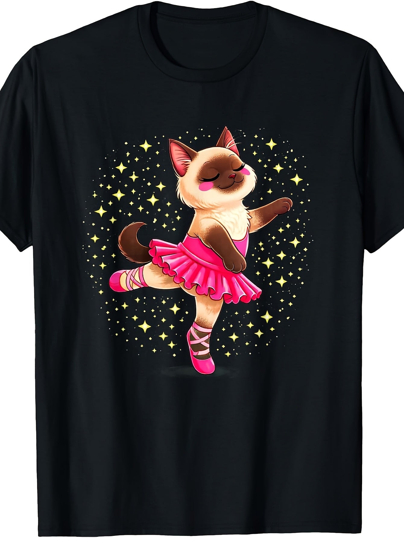 Cute Cartoon Style, Men'S And Women'S T-Shirt, Ballet Cat in Pink Tutu with Stars Background, Casual Daily Wear Spring Summer