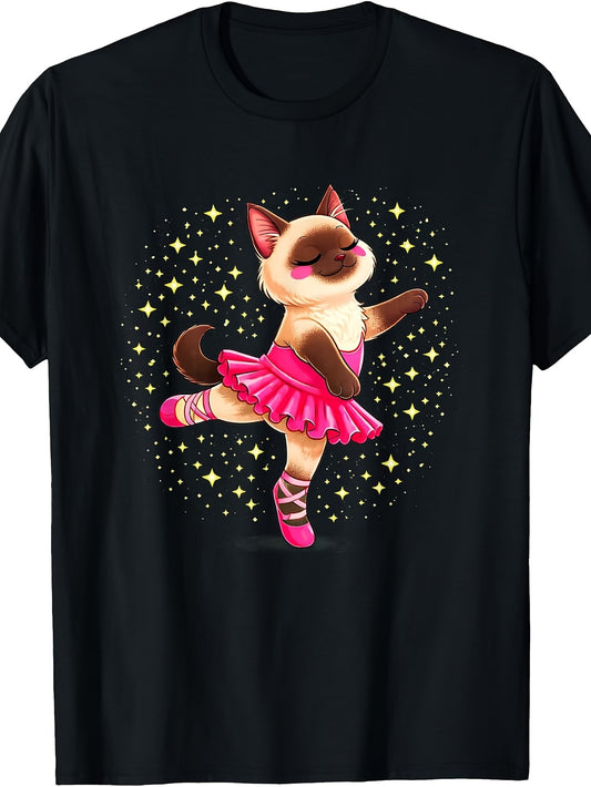 Cute Cartoon Style, Men'S And Women'S T-Shirt, Ballet Cat in Pink Tutu with Stars Background, Casual Daily Wear Spring Summer