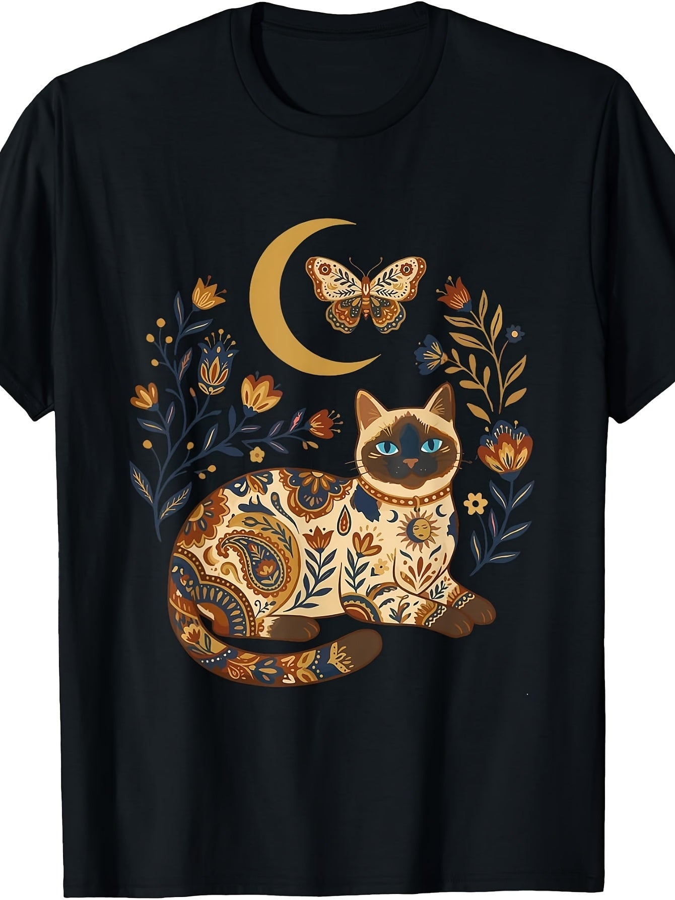 Boho Celestial Siamese Cat Moon Floral T-Shirt