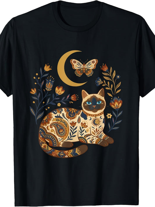 Boho Celestial Siamese Cat Moon Floral T-Shirt