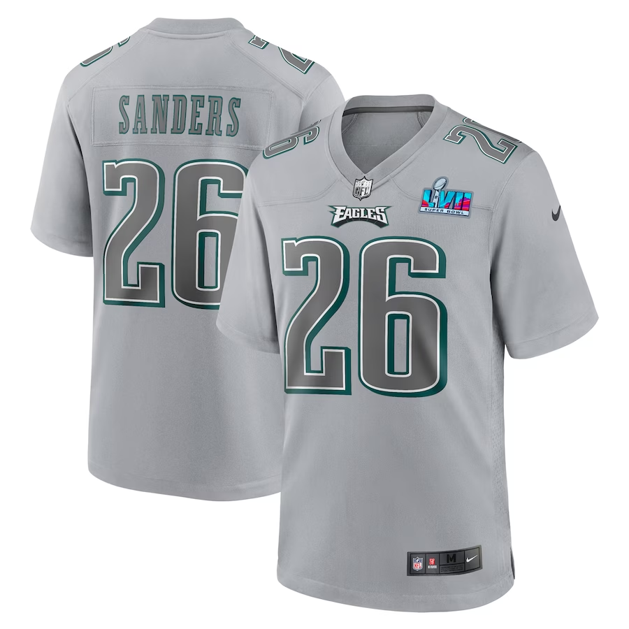 Men's Philadelphia Eagles Miles Sanders #26 Gray Super Bowl LVII Patch Atmosphere Fashion Game Jersey1