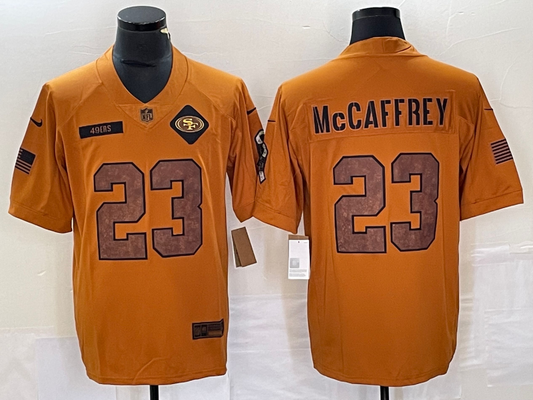 Men's San Francisco 49ers Christian McCaffrey #23 Brown 2023 Salute To Service Retired Player Limited Jersey1