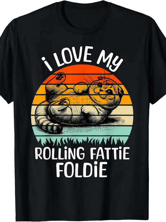Scottish Fold T-Shirt - Retro Round Neck Tee with Scottish Fold Rolling Fattie Graphic, Suitable for - Casual Wear, Machine Washable Apparel for Lovers & Scottish Fold Owners