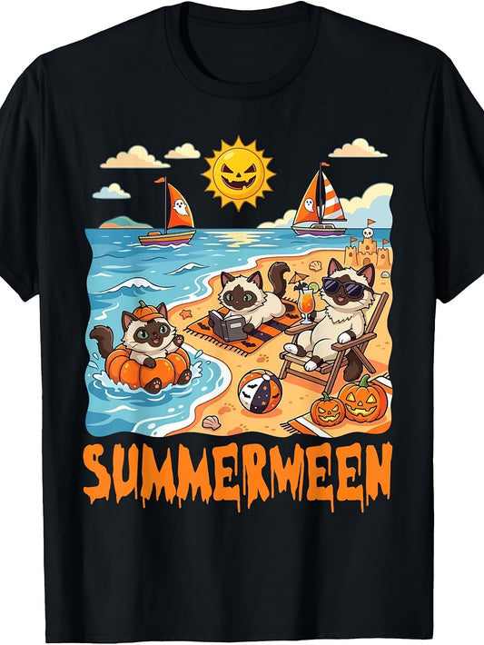 Birman Cat Spooky Summer Halloween Vacation Tropical Beach T-Shirt
