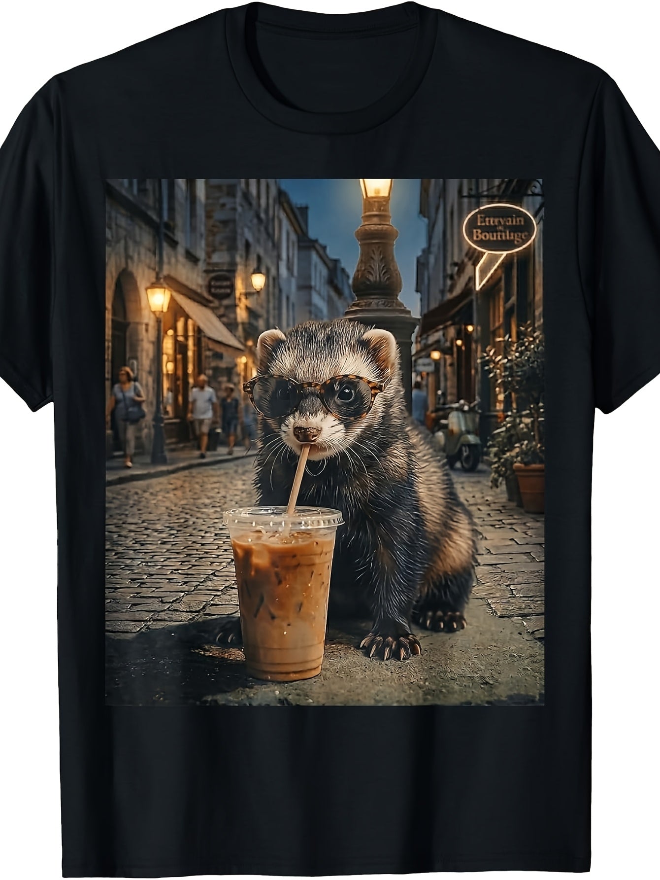 Men's & Women's Retro Raccoon T-Shirt - Funny Iced Coffee Drinking Graphic with Fashion Glasses & Cobblestone Street, Casual Round Neck Tee Suitable for - Outdoor Wear, Machine Washable Apparel