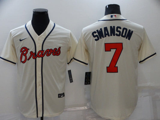Men's Atlanta Braves Dansby Swanson #7 Beige Replica Player Jersey1