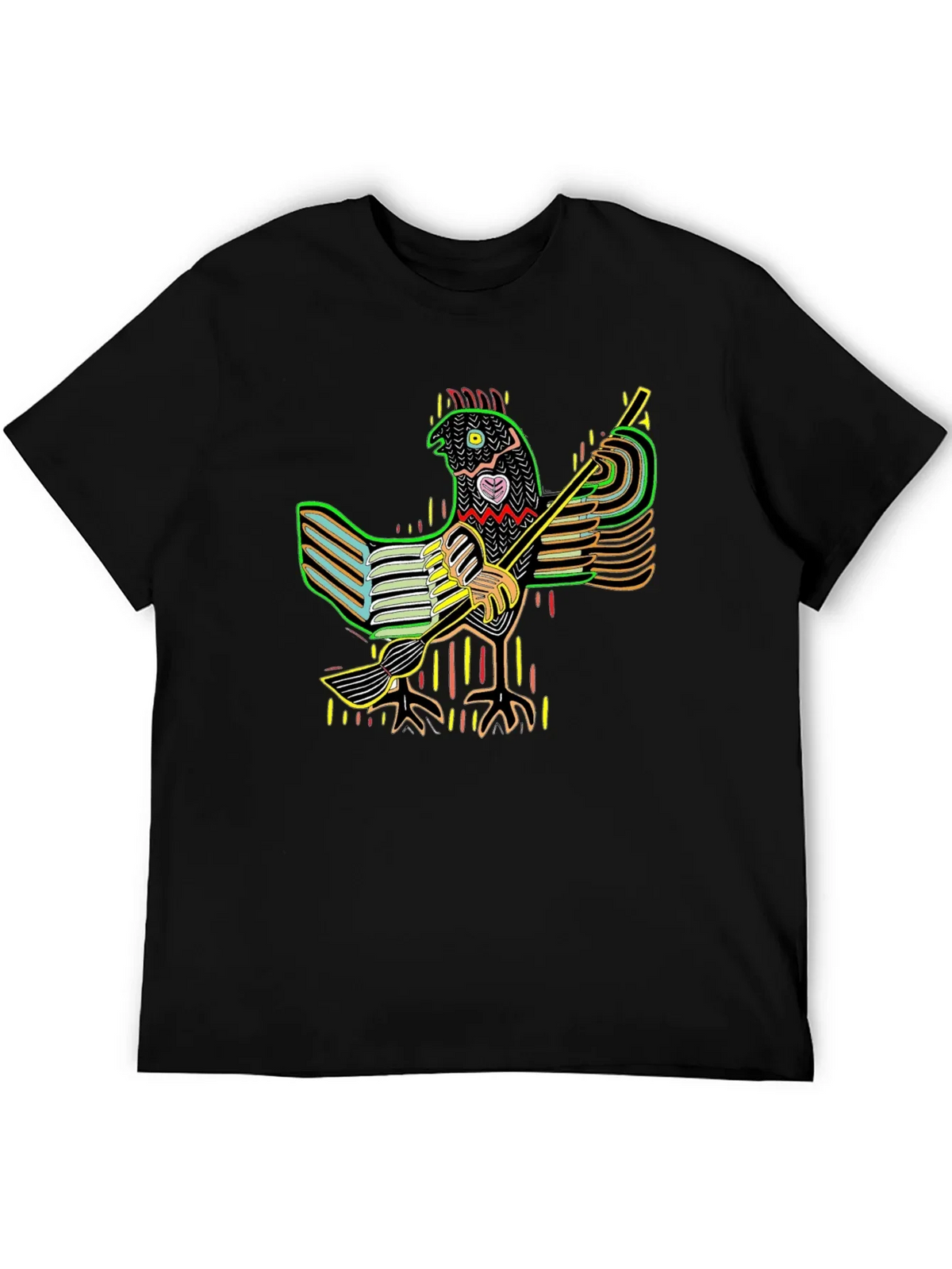 Vibrant Folk Art Chicken Graphic Tee - Black
