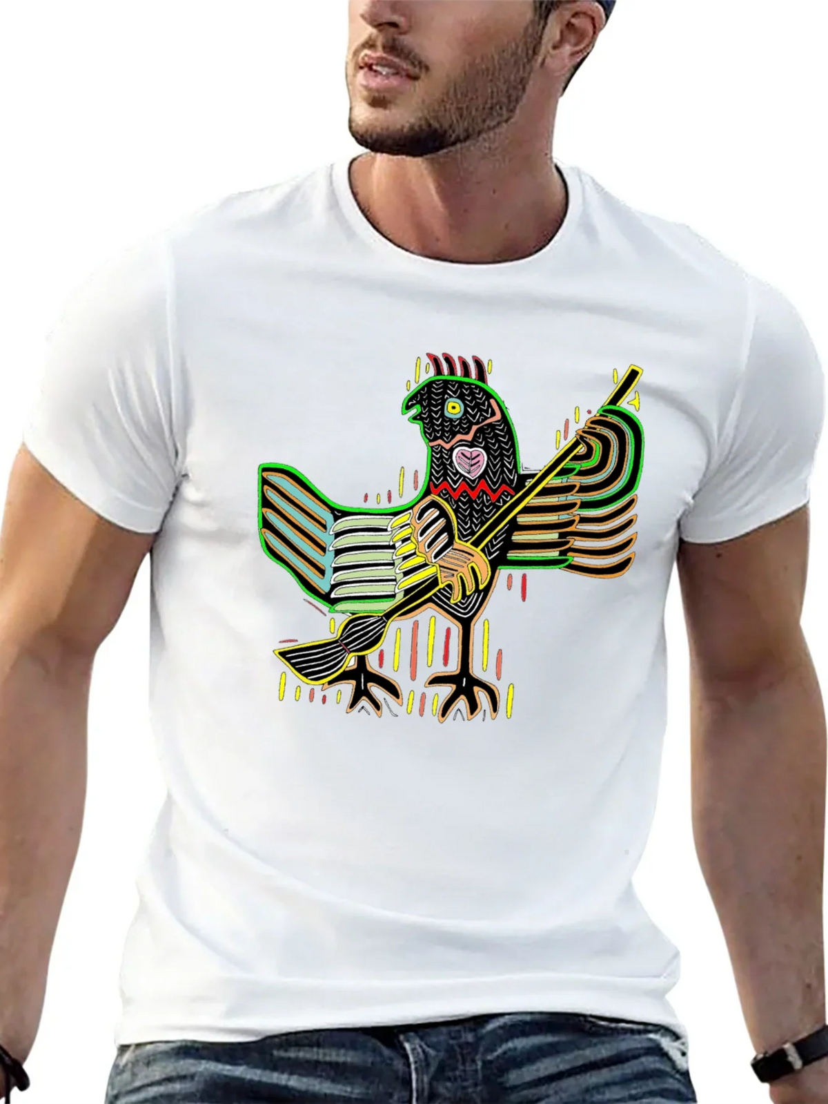 Vibrant Folk Art Chicken Graphic Tee - Black